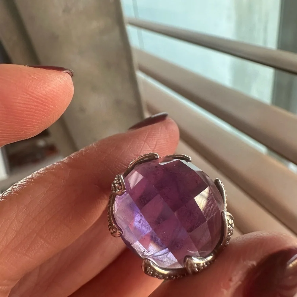 925 Sterling Silver Royal Purple Amethyst Cocktail Ring Size 9 Checkerboard Cut
